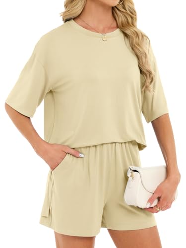 Women's 2 Piece Short Sets Loose Lounge Sets Summer Matching Sets - color: Beige, size: X-Large