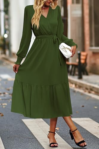 PRETTYGARDEN Women's Floral Boho Long Sleeve Maxi Dress - color: Solid Army Green, size: XX-Large