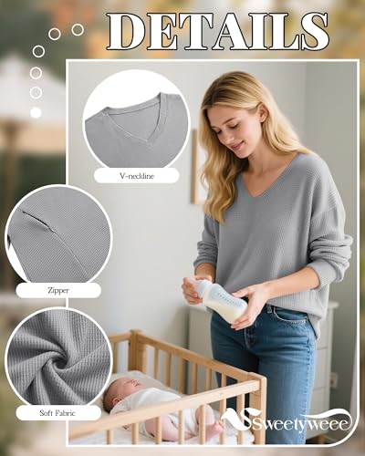 Women’s Waffle Knit Nursing Shirts Regular Fit - color: Light Gray, size: X-Large