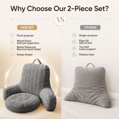 21"H Large Reading Pillow, Backrest Pillow with Floor Cushion Pillow - color: Gray, size: Large(21inch)+Cushion
