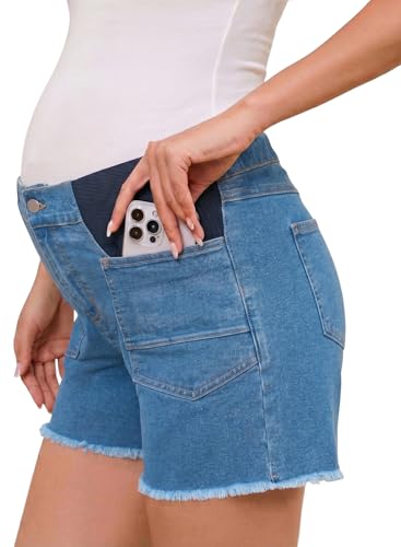 BLENCOT Women's Maternity Denim Shorts Mid-Rise Stretch Pregnancy Lounge Frayed Hem Plus Size Jeans Short with Pockets - color: Dusk Blue, size: XX-Large