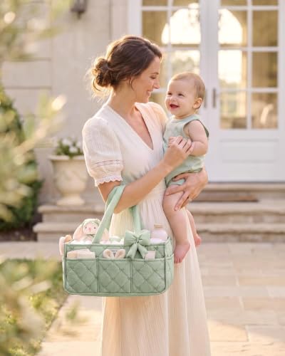 Blissful Diary Baby Diaper Caddy Organizer, Nursery Basket, Bow Sage Green - color: Bow Sage Green