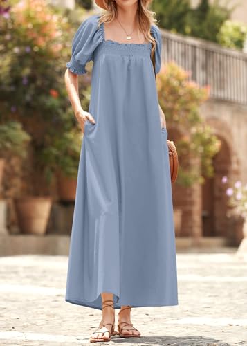 KIRUNDO Women Summer Maxi Dress Puff Sleeve Long Dresses - color: Blue Grey, size: Small