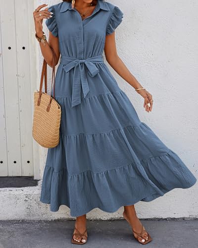 dowerme Women Ruffle Sleeve Button Belted Boho Maxi Dress - color: Grey Blue, size: XX-Large