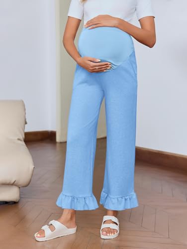 Yousify Womens Maternity Pants Ruffle Lounge Pregnancy Wide Leg Trousers - color: Blue, size: Medium