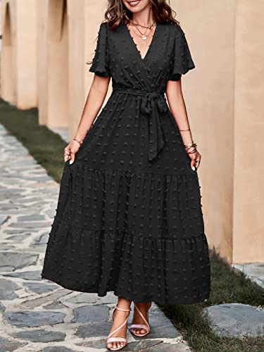MASCOMODA Womens Summer Swiss Dot Maxi Dresses Wrap Boho Floral Long Dress - color: Black, size: Large