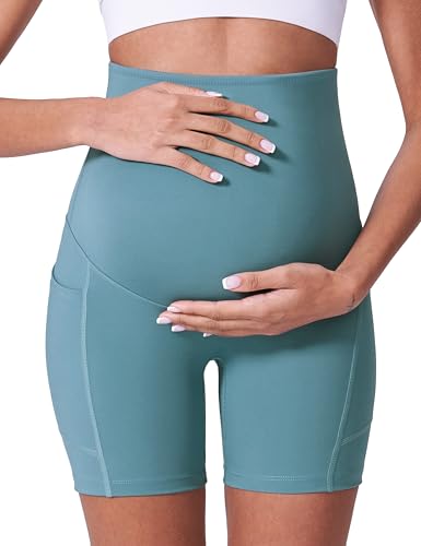 POSHDIVAH 3/4 Pack Maternity Biker Shorts Over The Belly with Pockets 5"/8" - color: Black/Grey/Blue 5", size: Medium