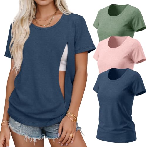 3 Pack Nursing Tops for Women - color: Blue, Light Pink, Light Green, size: XX-Large
