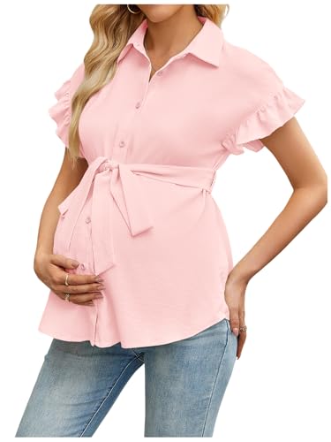 MakeMeChic Women's Maternity Nursing Work Blouse Pregnancy Ruffle Tops - color: Light Pink, size: Small