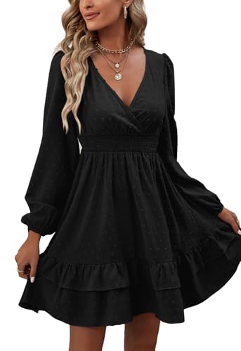 Rooscier Women's Wrap V Neck Swing Ruffle Swiss Dots Long Sleeve Mini Dress - color: Plain Black, size: Small