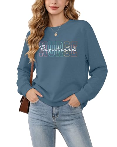 Registered Nurse Sweatshirt Women RN Nurse Long Sleeve Graphic Shirts - color: Blue, size: Large