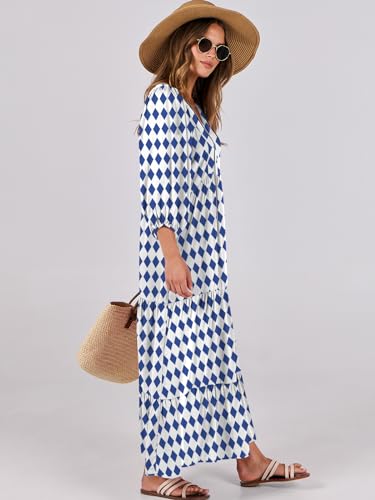ANRABESS Womens Boho Floral 3/4 Puff Sleeve Maxi Dress - color: Blue, size: Medium