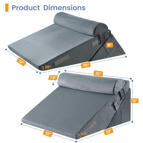 Sasttie Adjustable Wedge Pillow Set for After Surgery, Velvet - Dark Grey - color: Velvet - Dark Grey, size: Adjustable 9&12 Inch + 1 Head Pillow
