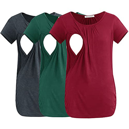 Smallshow Women's Nursing Tops Ruched Short Sleeve Breastfeeding Shirts 3-Pack - color: Deep Green-deep Grey-wine, size: X-Large