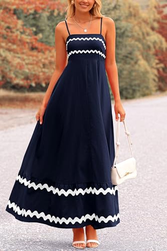 PRETTYGARDEN Women's Summer Spaghetti Strap Boho Maxi Dress - color: Dark Blue, size: Small