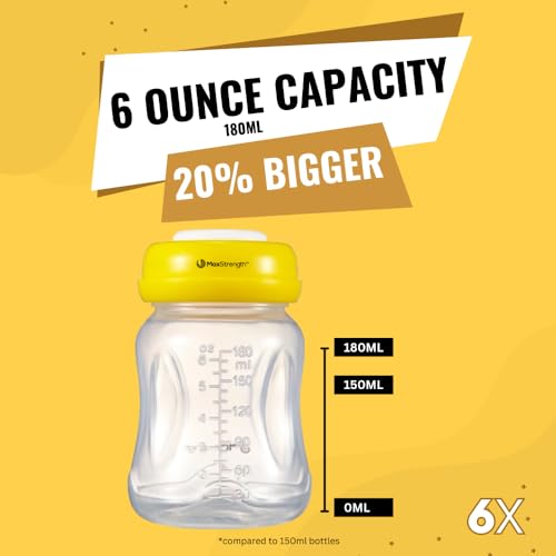 Max Strength Pro Breastmilk Bottles 6pc Set with Leak Proof Lids 6.oz 180ml