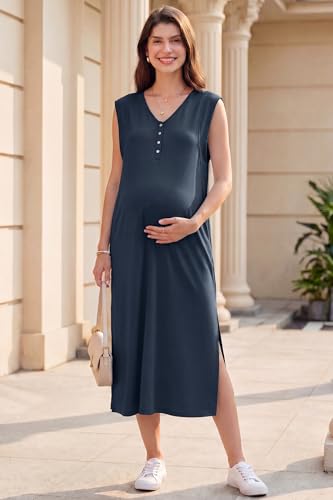 OUGES Women's Anti-Wrinkle Airy Layer Summer Maternity Dress V Neck Split Midi Nursing Dresses with Pockets 2026 - color: Navy, size: Medium