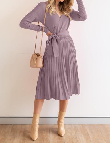 ZESICA Women's Long Sleeve Wrap Sweater Midi Dress with Belt - color: Darkviolet, size: X-Large
