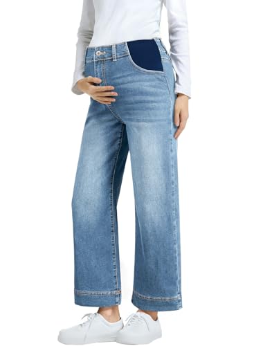 BLENCOT Women's Maternity Jeans High Waisted Wide Leg Pregnancy Pants - color: Beau Blue, size: Small