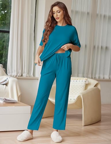 Ekouaer Lounge Sets for Women Soft Comfy Pajama Set 2 Piece Outfits - color: Blue Green, size: Large