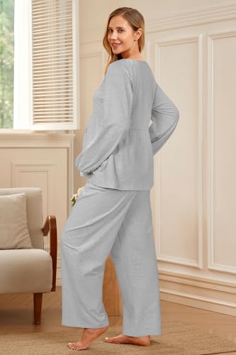 OUGES Womens Cotton Blend Maternity Pajama Sets Tie Front Loungewear Pregnancy Sleepwear Top & Long Pants with Pockets - color: Grey, size: X-Large