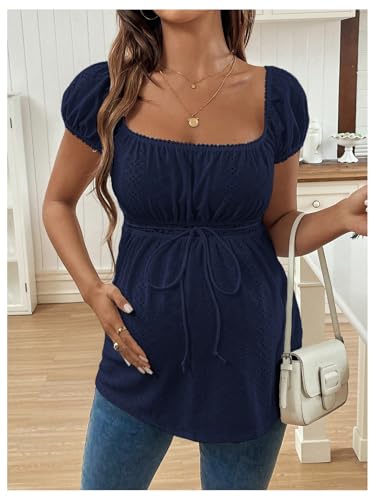 MakeMeChic Women's Maternity Blouse Tops Cute Shirt White Babydoll Tops - color: Blue, size: X-Large