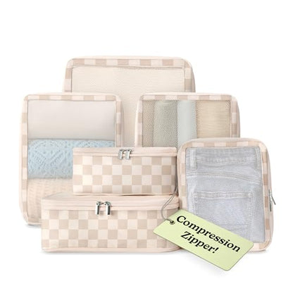 Vandel Space-Saving Compression Packing Cubes for Women 6-Pack Compressible - color: 2. Neutral Checker, size: 6 Pack (Compression)