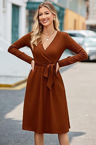 Newshows Women's Sweater Pockets Belted Fall Teacher Business Casual Dress - color: Caramel, size: Medium
