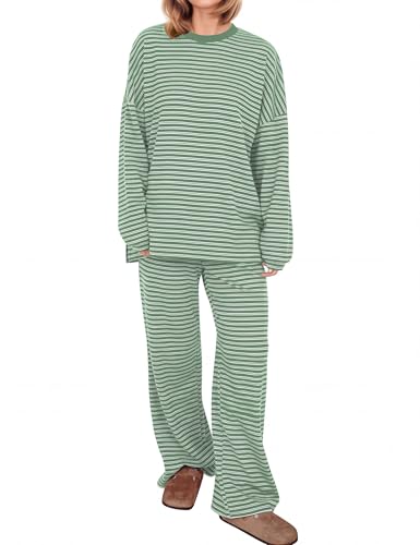 Women Striped 2 Piece Lounge Set Long Sleeve Oversized T Shirts Wide Leg Pants Matching Sets Casual Comfy Pajama Set - color: Wide Thin Stripe-pea Green, size: Large