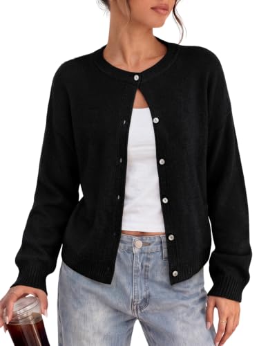 LILLUSORY Womens Crew Neck Button Down Cardigan Sweater - color: Black, size: Large