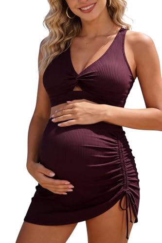 SHEKINI Women's Two-Piece Maternity Swimsuit Pregnancy Bathing Suit Set - color: Purple-red, size: Medium