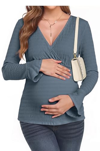 OUGES Women's Maternity Shirts Long Bell Sleeve Casual V Neck Tops Fall Fashion Textured Pregnancy Blouse - color: Blue, size: Small