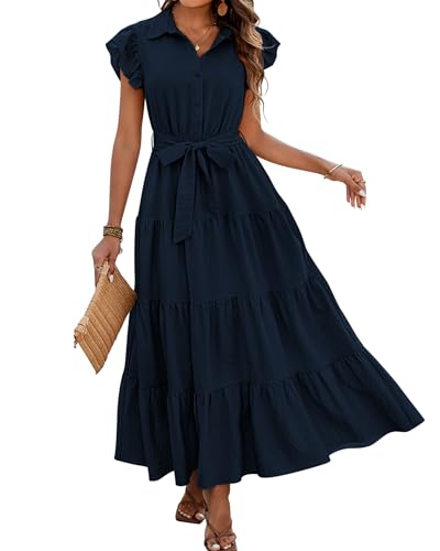dowerme Women Ruffle Sleeve Button Belted Boho Maxi Dress - color: Navy, size: X-Large