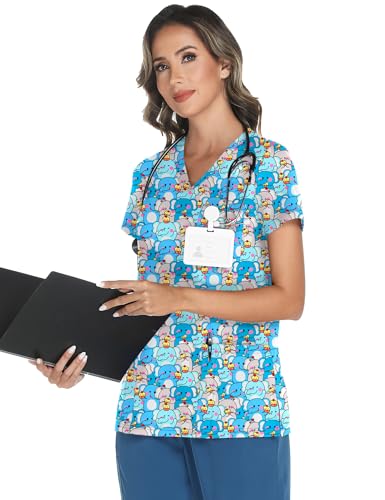 LOMON Women's V Neck Printed Scrub Top with 3 Pockets - color: Elephant Family, size: Small