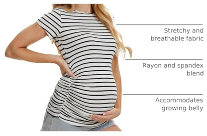3 Pack Womens Maternity Shirts, Crew Neck Maternity Top Short Sleeve - color: Dark Grey/Army Green/White Stripe, size: Large