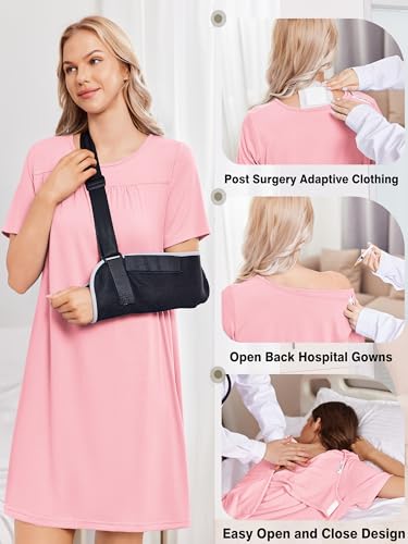 Deyeek Hospital Gowns for Women Tear Away Snap Open Back Post Surgery Dress - color: Pink, size: Medium