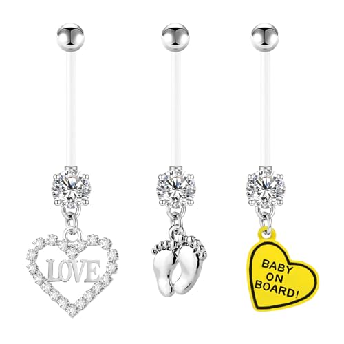 3 Pcs 14G Flexible Clear Acrylic Pregnancy Belly Button Rings Flexible Maternity Belly Button Ring 38mm Clear Long Bar Pregnancy Belly Ring Navel Rings for Women - style: Heart