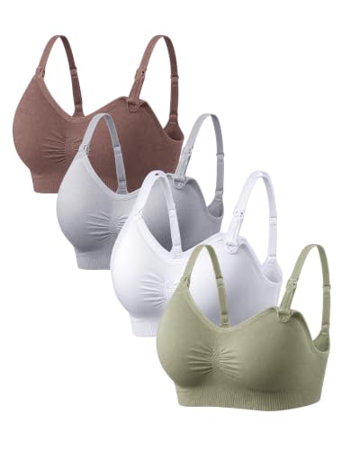 Under Control Nursing Bra 4-Pack - Wireless Maternity & Sleep Bra with Removable Pads - Comfortable Breastfeeding Bra (S-2XL) - color: Silver/Dark Mauve/White/Olive, size: Medium