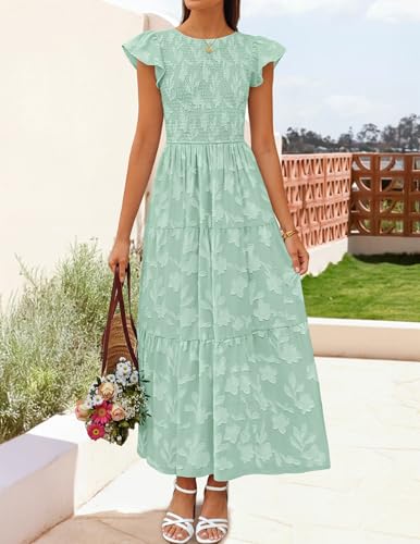 ZESICA Women's Summer Floral Boho Smocked Flowy Maxi Dress - color: Sage, size: Small