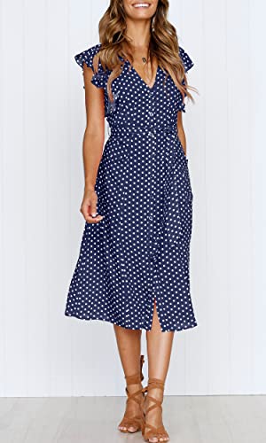 MITILLY Women's Boho Polka Dot Flutter Short Sleeve V Neck Button Down Swing Midi Dress with Pockets - color: 02 Dark Blue, size: Large