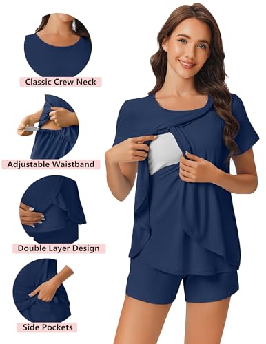 Ekouaer 3 PCS Maternity Nursing Pajamas Set Postpartum Breastfeeding PJS - color: Navy Blue, size: XX-Large