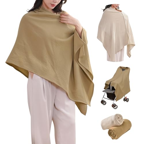 TADO MUSLIN 2-Pack Muslin Nursing Cover for Baby Breastfeeding, 100% Organic Cotton Breastfeeding Cover for Mom, Soft Breathable Privacy Nursing Apron, Multi-use Stroller Cover & Car Seat Canopy Beige - color: Khaki & Light Brown, size: Large