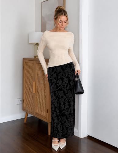 MEROKEETY Women's Fall Floral Velvet Maxi Skirt - color: Black, size: Medium