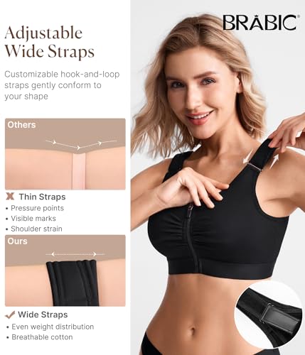 BRABIC Zip Front Closure Everyday Bras for Women Post Sugery Compression - color: Black, size: 3X-Large