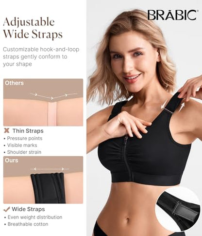 BRABIC Zip Front Closure Everyday Bras for Women Post Sugery Compression - color: Black, size: 3X-Large