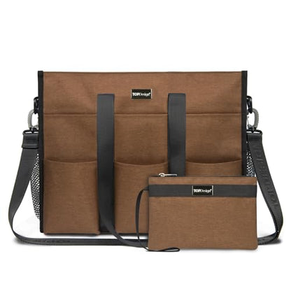 TOPDesign Utility Water Resistant Tote Bag with 22 Pockets, Zipper Closure - color: Brown, size: Medium