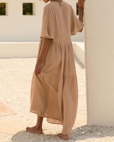 R.Vivimos Womens Summer Cotton Casual Flowy Maxi Dress - color: Light Khaki, size: Medium