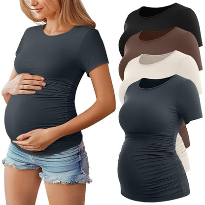Huukeay 4 Pack Women's Short Sleeve Maternity Tops - color: Black, Dark Gray, Cream, Coffee, size: Small