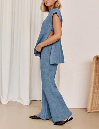 Lviefent Womens 2 Piece Outfits Sweater Set Sleeveless Side Slit Pullover Top Knit Wide Leg Pants Lounge Matching Sets - color: Dustyblue, size: X-Small