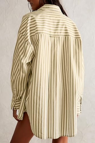 CHYRII Women's Striped Button Down Long Sleeve Blouse - color: Olive Green, size: XX-Large